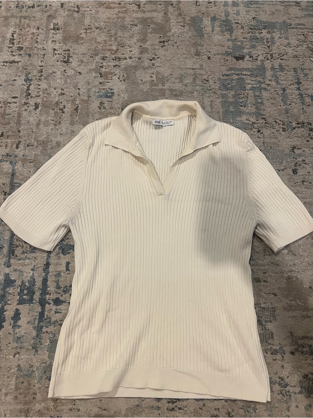 Agnes b. Cream Ribbed Open-Collar Short Sleeve Top
